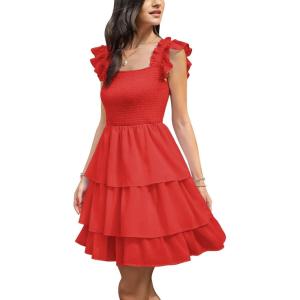 imageByinns Womens Square Neck Sleeveless Ruffle Dress High Waist Backless Tiered Smocked Strappy Casual Short Mini DressesRed