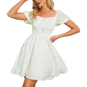 imageByinns Womens Sweetheart Neckline Dress Smocked Sundress Puff Short Sleeve Drawstring DressesWhite Floral