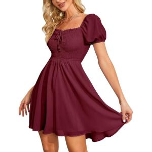 imageByinns Womens Sweetheart Neckline Dress Smocked Sundress Puff Short Sleeve Drawstring DressesWine Red