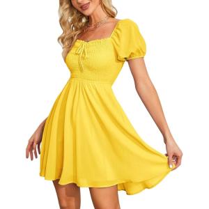 imageByinns Womens Sweetheart Neckline Dress Smocked Sundress Puff Short Sleeve Drawstring DressesYellow