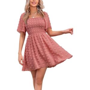 imageEXLURA Womens 2025 Summer Casual Square Neck Dresses Ruffle Short Sleeve Swiss Dot Flowy Mini DressBlush Pink
