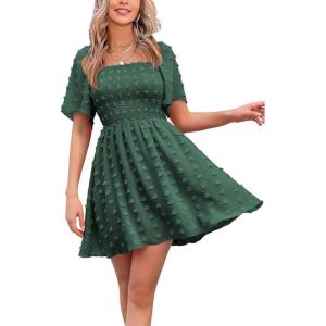 imageEXLURA Womens 2025 Summer Casual Square Neck Dresses Ruffle Short Sleeve Swiss Dot Flowy Mini DressDark Green