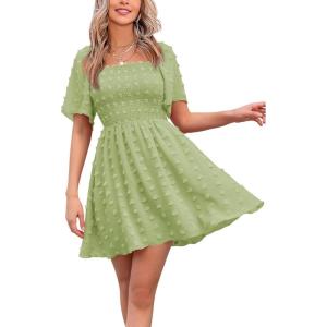 imageEXLURA Womens 2025 Summer Casual Square Neck Dresses Ruffle Short Sleeve Swiss Dot Flowy Mini DressLight Green
