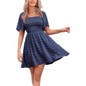 imageEXLURA Womens 2025 Summer Casual Square Neck Dresses Ruffle Short Sleeve Swiss Dot Flowy Mini DressNavy Blue
