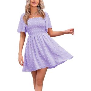 imageEXLURA Womens 2025 Summer Casual Square Neck Dresses Ruffle Short Sleeve Swiss Dot Flowy Mini DressPurple