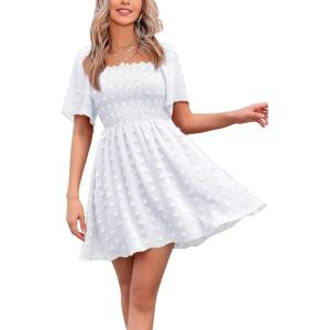 imageEXLURA Womens 2025 Summer Casual Square Neck Dresses Ruffle Short Sleeve Swiss Dot Flowy Mini DressWhite