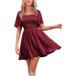 imageEXLURA Womens 2025 Summer Casual Square Neck Dresses Ruffle Short Sleeve Swiss Dot Flowy Mini DressWine Red