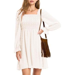 imageEXLURA Womens 2025 Summer Long Sleeve Party Swiss Dot Dress Smocked Ruffle Cocktail Mini DressesBeige