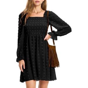 imageEXLURA Womens 2025 Summer Long Sleeve Party Swiss Dot Dress Smocked Ruffle Cocktail Mini DressesBlack