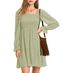 imageEXLURA Womens 2025 Summer Long Sleeve Party Swiss Dot Dress Smocked Ruffle Cocktail Mini DressesLight Green