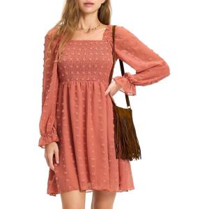 imageEXLURA Womens 2025 Summer Long Sleeve Party Swiss Dot Dress Smocked Ruffle Cocktail Mini DressesOrange Pink
