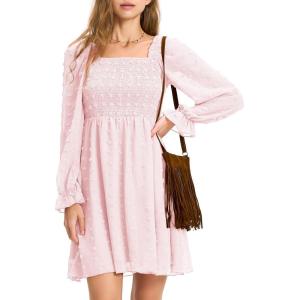 imageEXLURA Womens 2025 Summer Long Sleeve Party Swiss Dot Dress Smocked Ruffle Cocktail Mini DressesPink