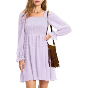 imageEXLURA Womens 2025 Summer Long Sleeve Party Swiss Dot Dress Smocked Ruffle Cocktail Mini DressesPurple