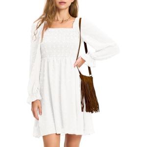 imageEXLURA Womens 2025 Summer Long Sleeve Party Swiss Dot Dress Smocked Ruffle Cocktail Mini DressesWhite