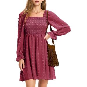 imageEXLURA Womens 2025 Summer Long Sleeve Party Swiss Dot Dress Smocked Ruffle Cocktail Mini DressesWine Red