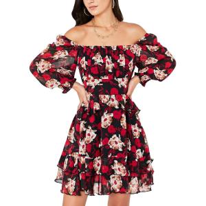 imageEXLURA Womens Floral Ruffle Sun Dress Sundress Tiered Square Neck Long Sleeve Off Shoulder Smocked Skater Mini DressBlack