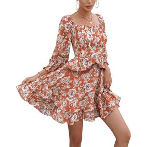 imageEXLURA Womens Floral Ruffle Sun Dress Sundress Tiered Square Neck Long Sleeve Off Shoulder Smocked Skater Mini DressRed Floral