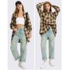 imageEXLURA Womens Plaid Flannel Shacket Long Sleeve Button Down Shirts Long Jackets Oversized Spring Fashion Outfits 2025 ClothesKhaki Black