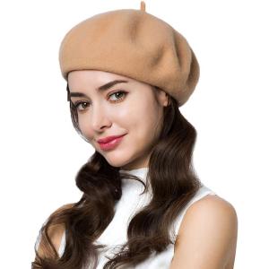 imageEXLURA 95 Wool Beret Artist Hat French Hat Casual Solid Color Spring Winter Hat for Women Khaki