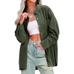 imageEXLURA Womens Corduroy Shirts Oversized Button Down Long Sleeve Jacket Shackets Loose Blouses Fall Casual OutfitsArmy Green