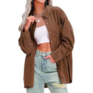 imageEXLURA Womens Corduroy Shirts Oversized Button Down Long Sleeve Jacket Shackets Loose Blouses Fall Casual OutfitsBrown
