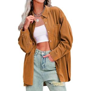 imageEXLURA Womens Corduroy Shirts Oversized Button Down Long Sleeve Jacket Shackets Loose Blouses Fall Casual OutfitsCoffee