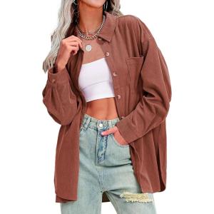 imageEXLURA Womens Corduroy Shirts Oversized Button Down Long Sleeve Jacket Shackets Loose Blouses Fall Casual OutfitsCrimson Red