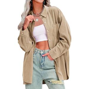 imageEXLURA Womens Corduroy Shirts Oversized Button Down Long Sleeve Jacket Shackets Loose Blouses Fall Casual OutfitsDark Apricot