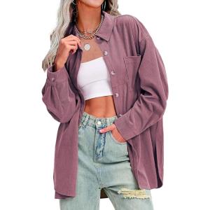 imageEXLURA Womens Corduroy Shirts Oversized Button Down Long Sleeve Jacket Shackets Loose Blouses Fall Casual OutfitsGrey Purple