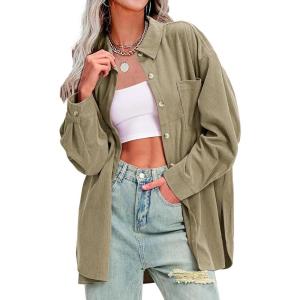 imageEXLURA Womens Corduroy Shirts Oversized Button Down Long Sleeve Jacket Shackets Loose Blouses Fall Casual OutfitsKhaki