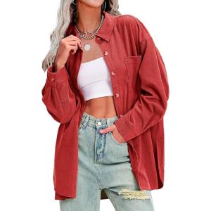 imageEXLURA Womens Corduroy Shirts Oversized Button Down Long Sleeve Jacket Shackets Loose Blouses Fall Casual OutfitsRed
