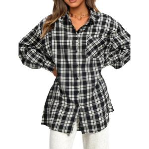 imageEXLURA Womens Plaid Flannel Shacket Long Sleeve Button Down Shirts Long Jackets Oversized Spring Fashion Outfits 2025 ClothesBlack White
