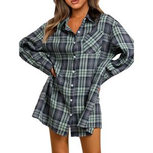 imageEXLURA Womens Plaid Flannel Shacket Long Sleeve Button Down Shirts Long Jackets Oversized Spring Fashion Outfits 2025 ClothesBlue Green