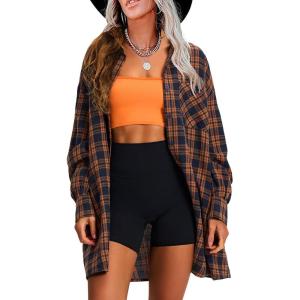 imageEXLURA Womens Plaid Flannel Shacket Long Sleeve Button Down Shirts Long Jackets Oversized Spring Fashion Outfits 2025 ClothesBrown Blue