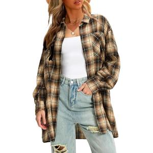 imageEXLURA Womens Plaid Flannel Shacket Long Sleeve Button Down Shirts Long Jackets Oversized Spring Fashion Outfits 2025 ClothesKhaki Black