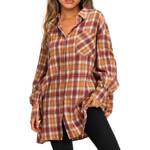 imageEXLURA Womens Plaid Flannel Shacket Long Sleeve Button Down Shirts Long Jackets Oversized Spring Fashion Outfits 2025 ClothesOrange Red
