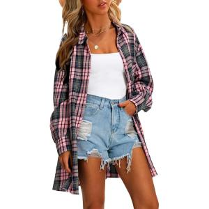 imageEXLURA Womens Plaid Flannel Shacket Long Sleeve Button Down Shirts Long Jackets Oversized Spring Fashion Outfits 2025 ClothesPink Black