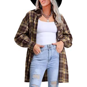 imageEXLURA Womens Plaid Flannel Shacket Long Sleeve Button Down Shirts Long Jackets Oversized Spring Fashion Outfits 2025 ClothesYellow Brown