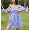 imageEXLURA Womens 2024 Casual Short Sleeve Square Neck Cap Sleeve Dress High Waist ALine Summer Smocked Back Mini DressesSky Blue