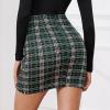 imageEXLURA Womens Bodycon Ruched Tulip Mini Skirt Elastic High Waist Asymmetrical Short SkirtsDark Green Plaid
