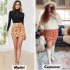imageEXLURA Womens Bodycon Ruched Tulip Mini Skirt Elastic High Waist Asymmetrical Short SkirtsOrange Plaid