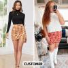 imageEXLURA Womens Bodycon Ruched Tulip Mini Skirt Elastic High Waist Asymmetrical Short SkirtsOrange Plaid