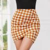 imageEXLURA Womens Bodycon Ruched Tulip Mini Skirt Elastic High Waist Asymmetrical Short SkirtsOrange Plaid