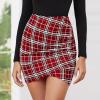 imageEXLURA Womens Bodycon Ruched Tulip Mini Skirt Elastic High Waist Asymmetrical Short SkirtsWine Red Plaid