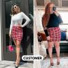 imageEXLURA Womens Bodycon Ruched Tulip Mini Skirt Elastic High Waist Asymmetrical Short SkirtsWine Red Plaid