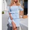 imageEXLURA Womens Summer Flowy Pleated Mini Dress Casual Short Ruffle Sleeve V Neck Belted Work DressesBlue