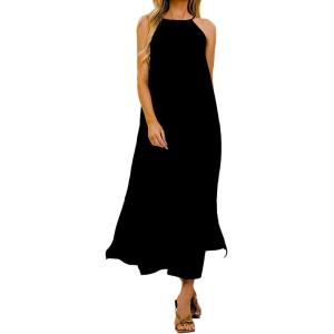 imageEXLURA Womens 2024 Summer Casual Sleeveless Beach Maxi Dress Plus Size Flowy Long Dress with Pockets Vacation OutfitBlack