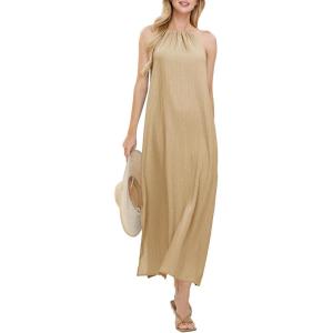 imageEXLURA Womens 2024 Summer Casual Sleeveless Beach Maxi Dress Plus Size Flowy Long Dress with Pockets Vacation OutfitKhaki