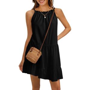 imageEXLURA Womens 2024 Summer Spaghetti Strap Casual Tiered Mini Dress Boho Beach Babydoll Petite Dress SundressesBlack