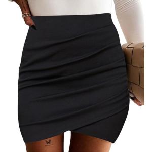 imageEXLURA Womens Bodycon Ruched Tulip Mini Skirt Elastic High Waist Asymmetrical Short SkirtsBlack